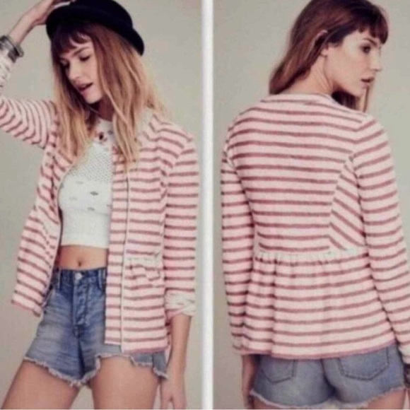 Free People Jackets & Blazers - FREE PEOPLE Striped Peplum Knit Sweater Jacket Red Cream Size Medium